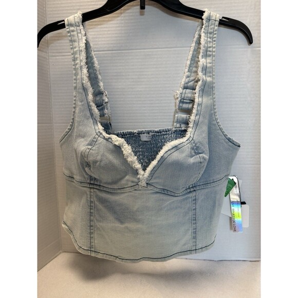 Tinseltown Light Wash FFray-Trim Cropped Denim Top Western Country  Concerts New - Picture 1 of 13